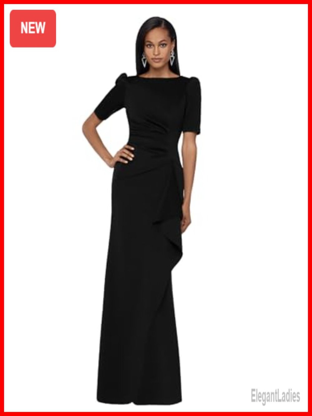 Women's Long Boat Neck Bodycon Evening Gown 3/4 Sleeves Side Ruching Ruffle